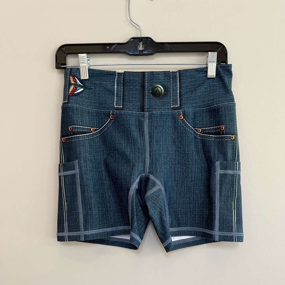 INKnBURN Black Denim 4" Owl Running Bike Shorts Drawstring Pockets Blue, size 6 - Picture 2 of 7